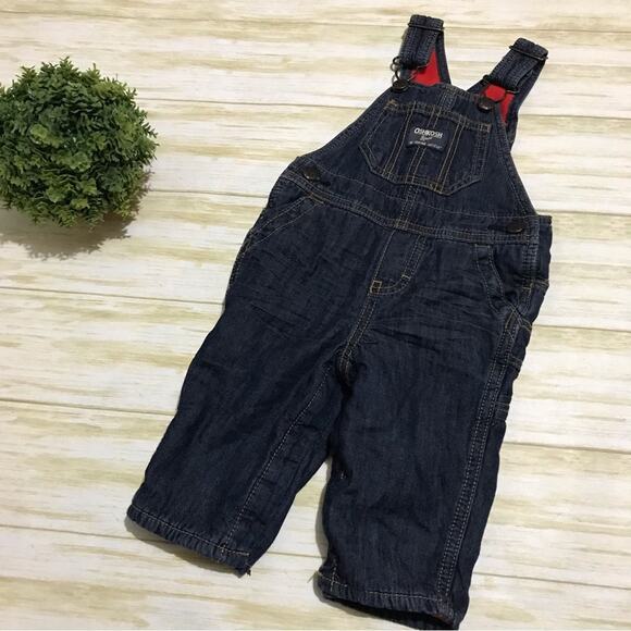 OshKosh Red Fleece Lined Dark Wash Denim Jean Bib Overalls Baby Boy Size 6 Month - Picture 1 of 3